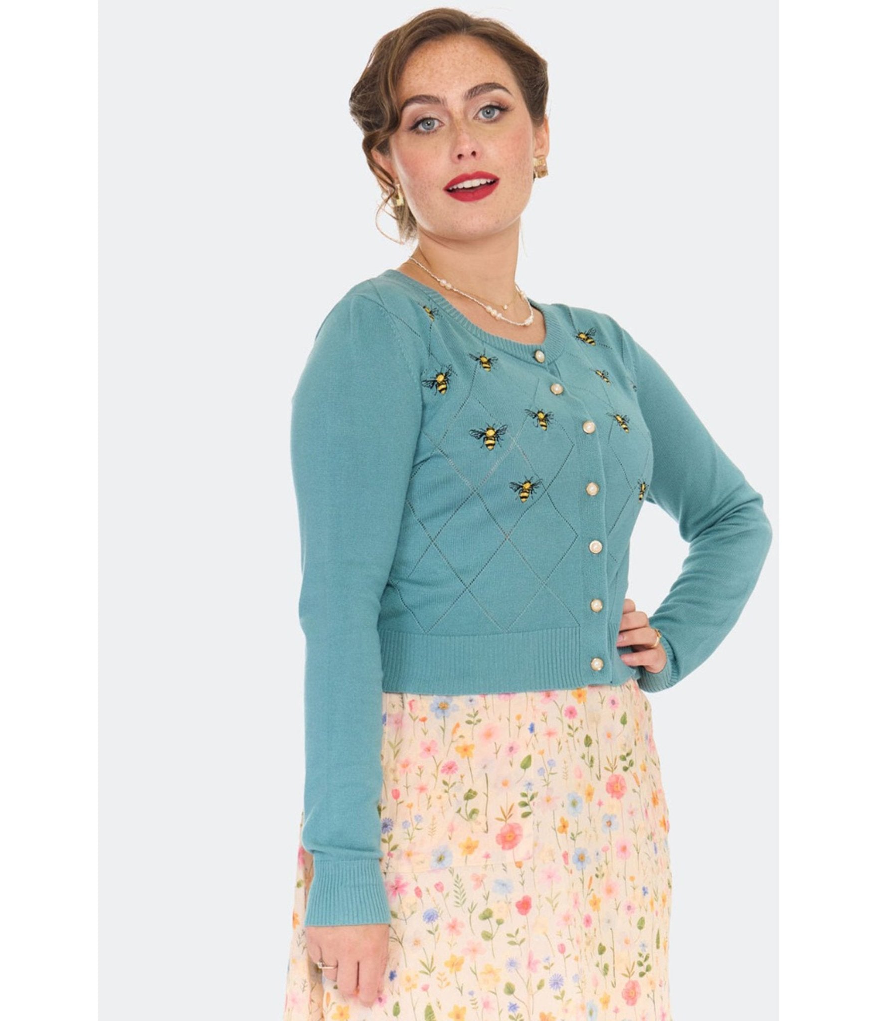 Voodoo Vixen Blue Bee Embroidered Diamond Cardigan - Unique Vintage - Womens, TOPS, SWEATERS