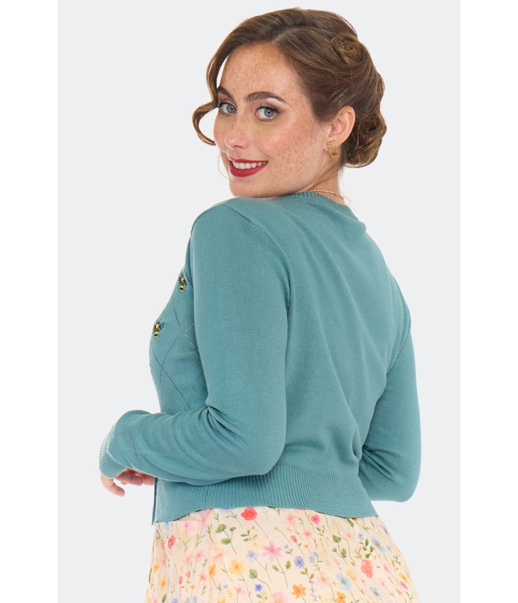 Voodoo Vixen Blue Bee Embroidered Diamond Cardigan - Unique Vintage - Womens, TOPS, SWEATERS