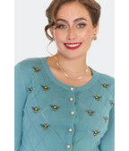 Voodoo Vixen Blue Bee Embroidered Diamond Cardigan - Unique Vintage - Womens, TOPS, SWEATERS