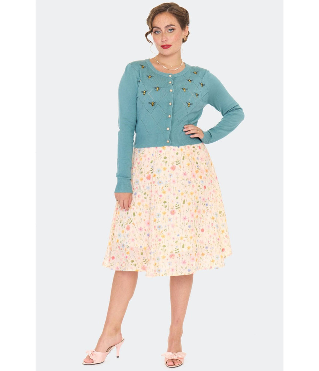 Voodoo Vixen Blue Bee Embroidered Diamond Cardigan - Unique Vintage - Womens, TOPS, SWEATERS
