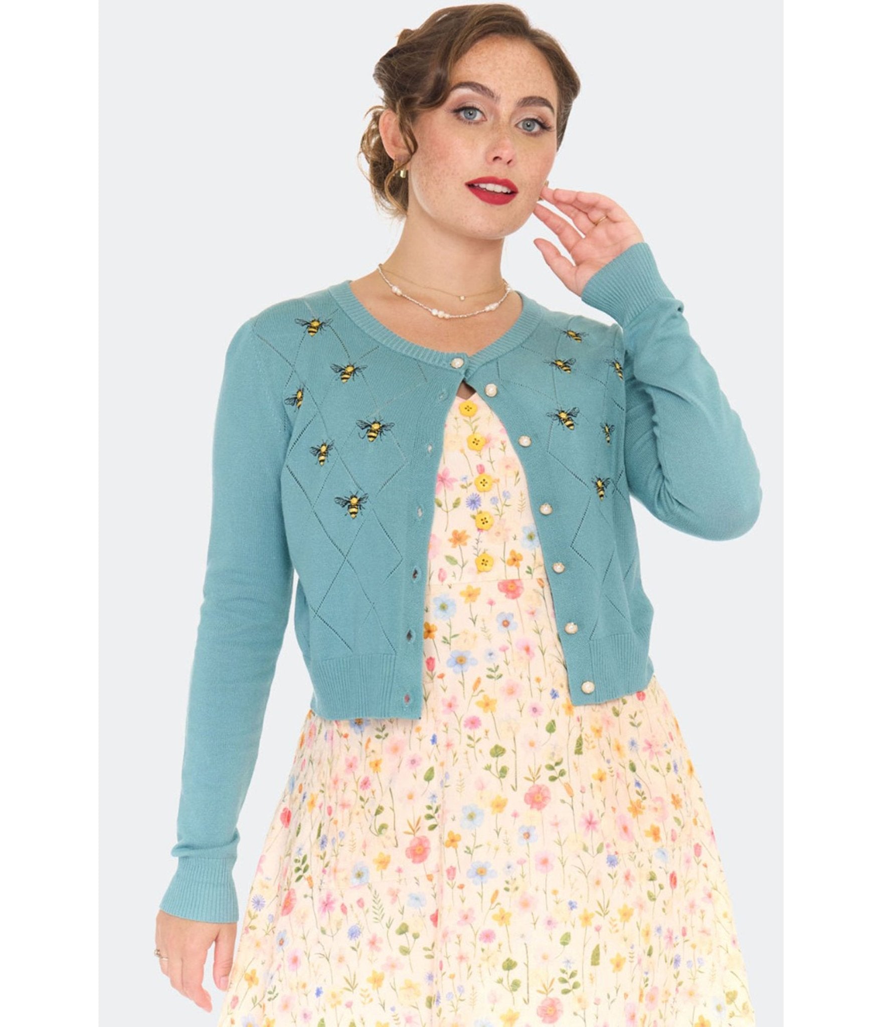 Voodoo Vixen Blue Bee Embroidered Diamond Cardigan - Unique Vintage - Womens, TOPS, SWEATERS