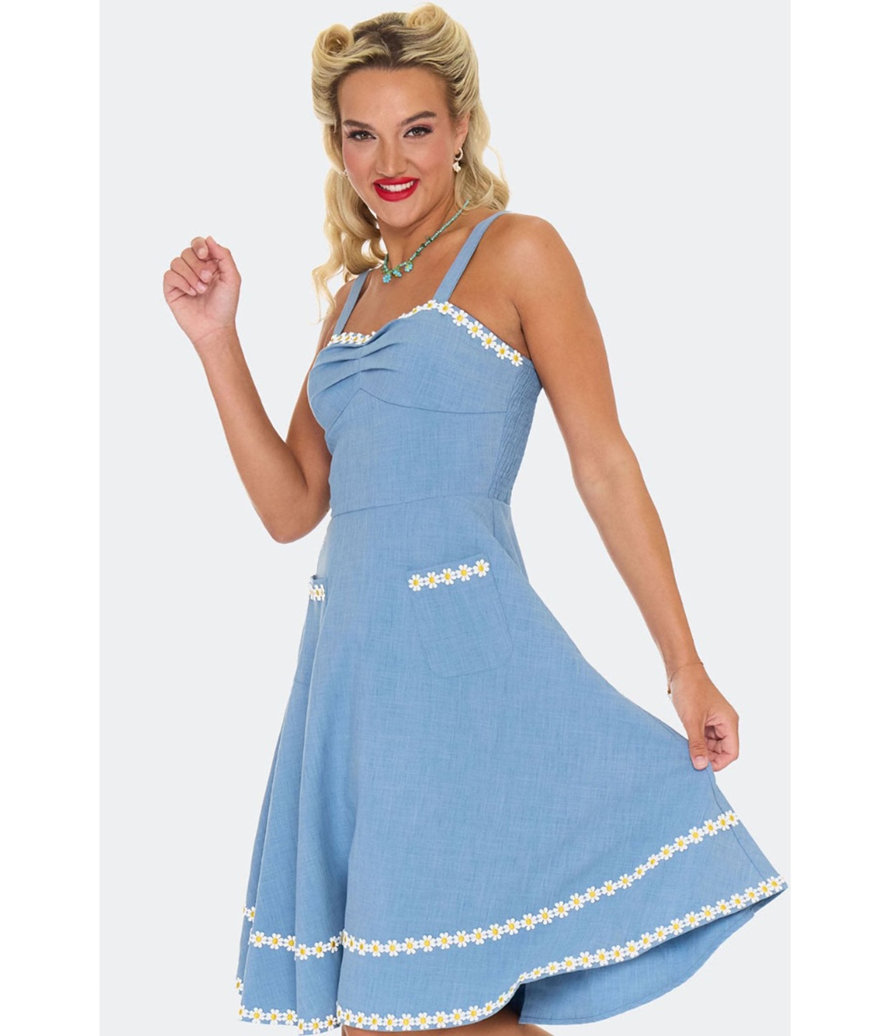 Voodoo Vixen Blue Daisy Flare Dress - Unique Vintage - Womens, DRESSES, FIT AND FLARE