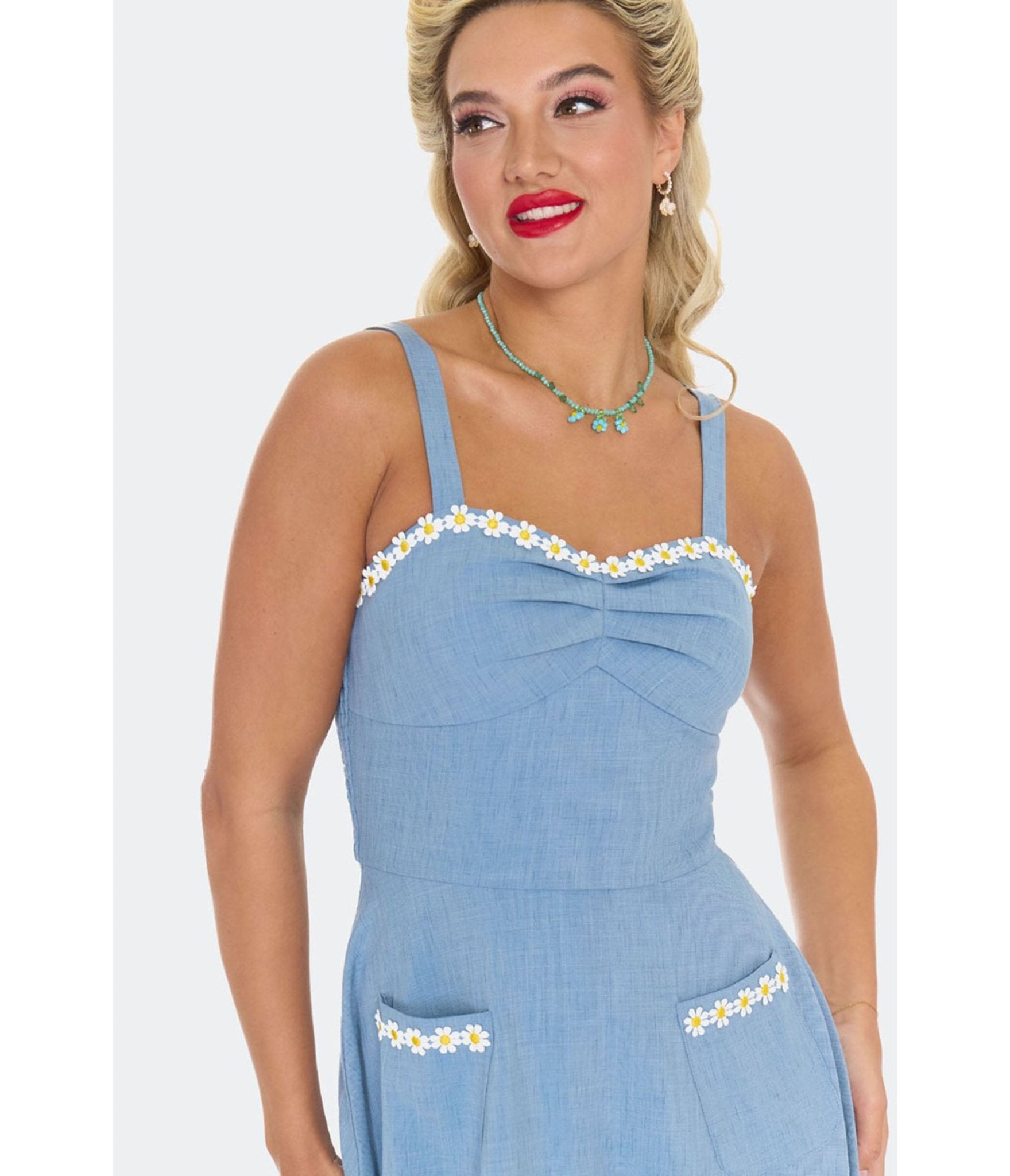 Voodoo Vixen Blue Daisy Flare Dress - Unique Vintage - Womens, DRESSES, FIT AND FLARE