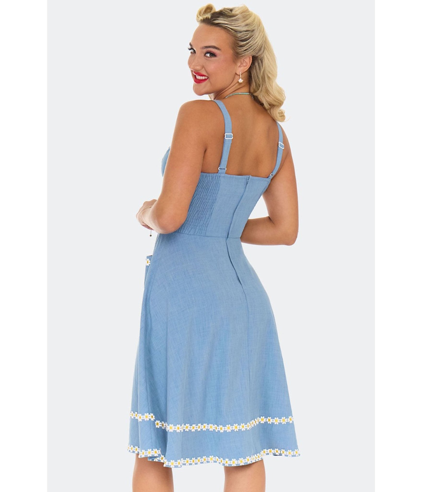 Voodoo Vixen Blue Daisy Flare Dress - Unique Vintage - Womens, DRESSES, FIT AND FLARE