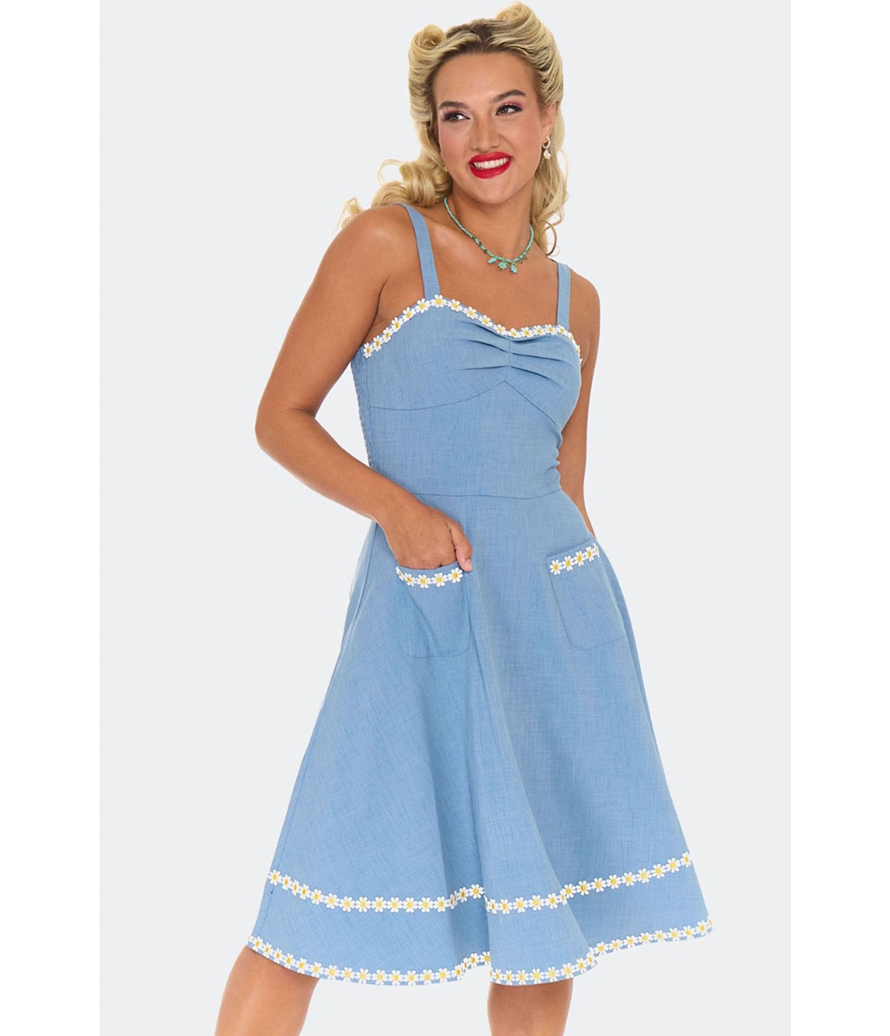 Voodoo Vixen Blue Daisy Flare Dress - Unique Vintage - Womens, DRESSES, FIT AND FLARE