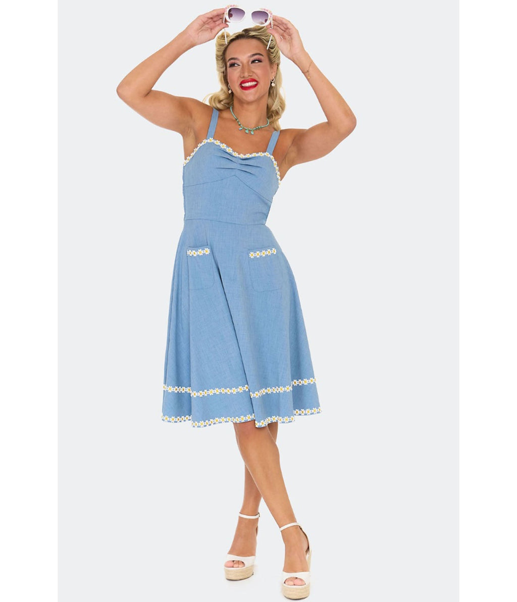 Voodoo Vixen Blue Daisy Flare Dress - Unique Vintage - Womens, DRESSES, FIT AND FLARE