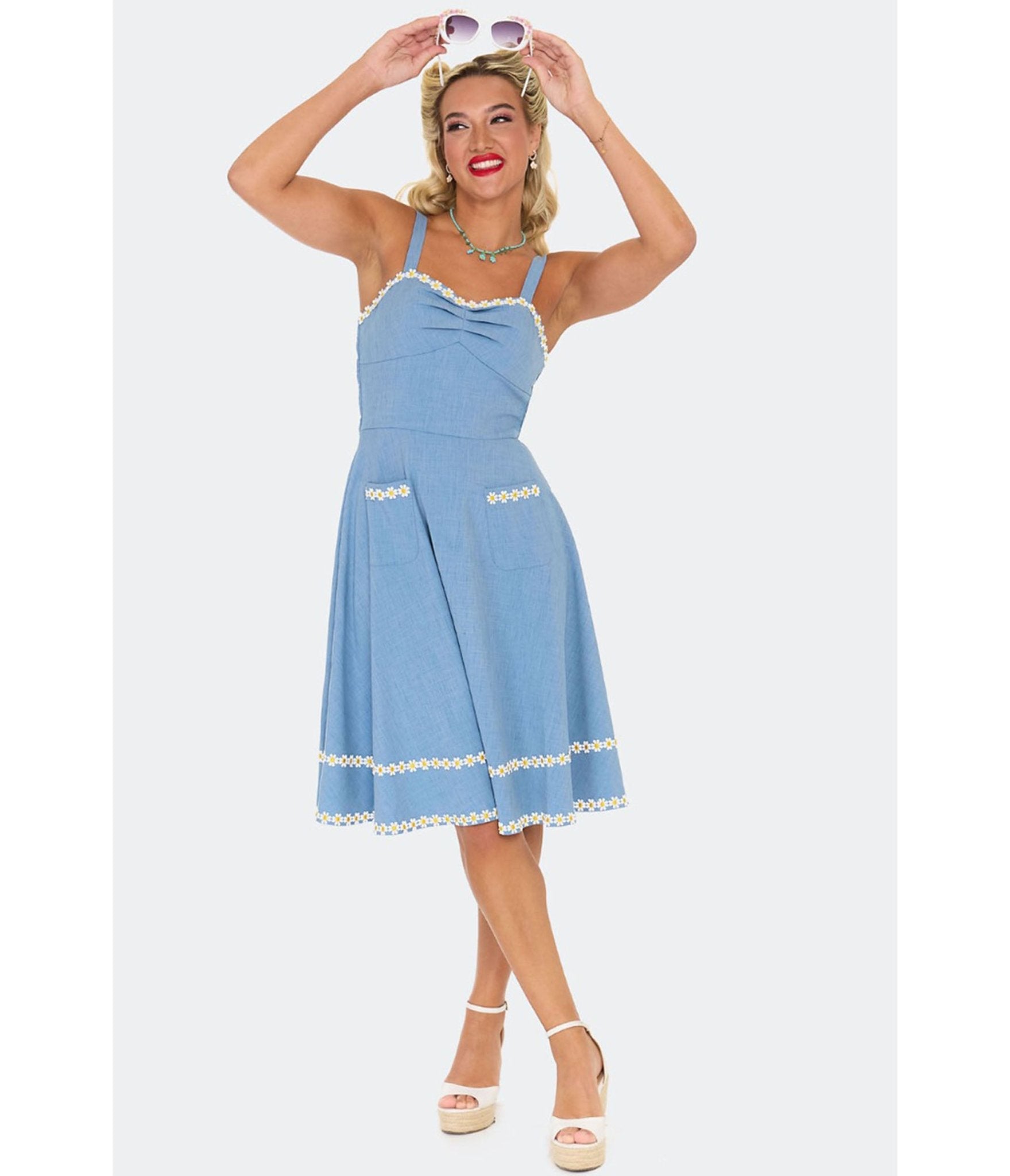 Voodoo Vixen Blue Daisy Flare Dress - Unique Vintage - Womens, DRESSES, FIT AND FLARE