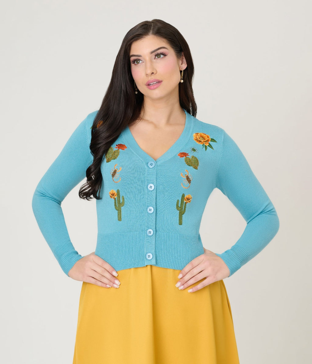 Voodoo Vixen Blue Desert Floral Cactus Embroidered Cardigan - Unique Vintage - Womens, TOPS, SWEATERS