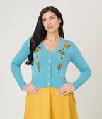 Voodoo Vixen Blue Desert Floral Cactus Embroidered Cardigan - Unique Vintage - Womens, TOPS, SWEATERS