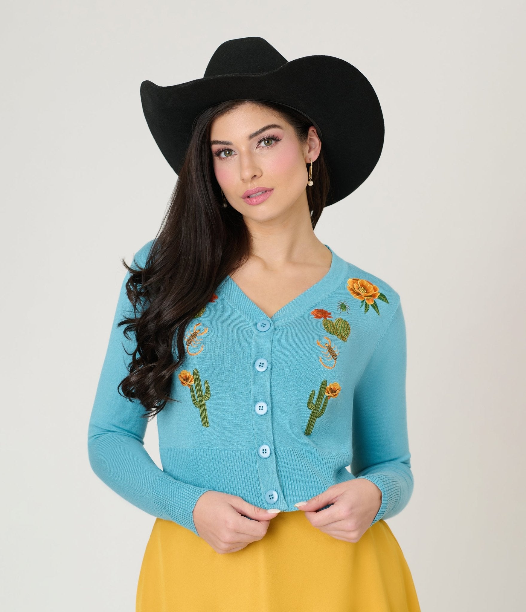 Voodoo Vixen Blue Desert Floral Cactus Embroidered Cardigan - Unique Vintage - Womens, TOPS, SWEATERS