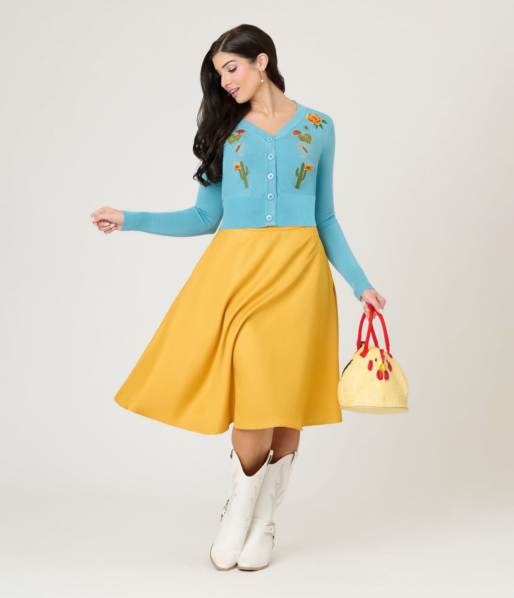 Voodoo Vixen Blue Desert Floral Cactus Embroidered Cardigan - Unique Vintage - Womens, TOPS, SWEATERS