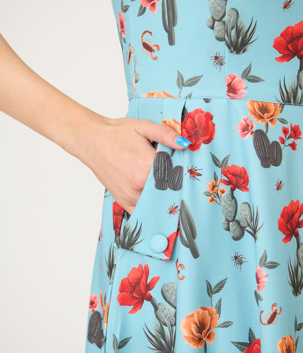 Voodoo Vixen Blue Desert Floral & Cactus Print Swing Dress - Unique Vintage - Womens, DRESSES, SWING