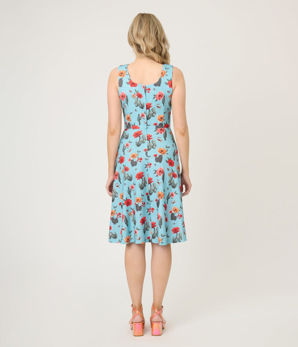 Voodoo Vixen Blue Desert Floral & Cactus Print Swing Dress - Unique Vintage - Womens, DRESSES, SWING