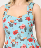Voodoo Vixen Blue Desert Floral & Cactus Print Swing Dress - Unique Vintage - Womens, DRESSES, SWING