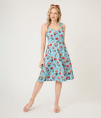 Voodoo Vixen Blue Desert Floral & Cactus Print Swing Dress - Unique Vintage - Womens, DRESSES, SWING