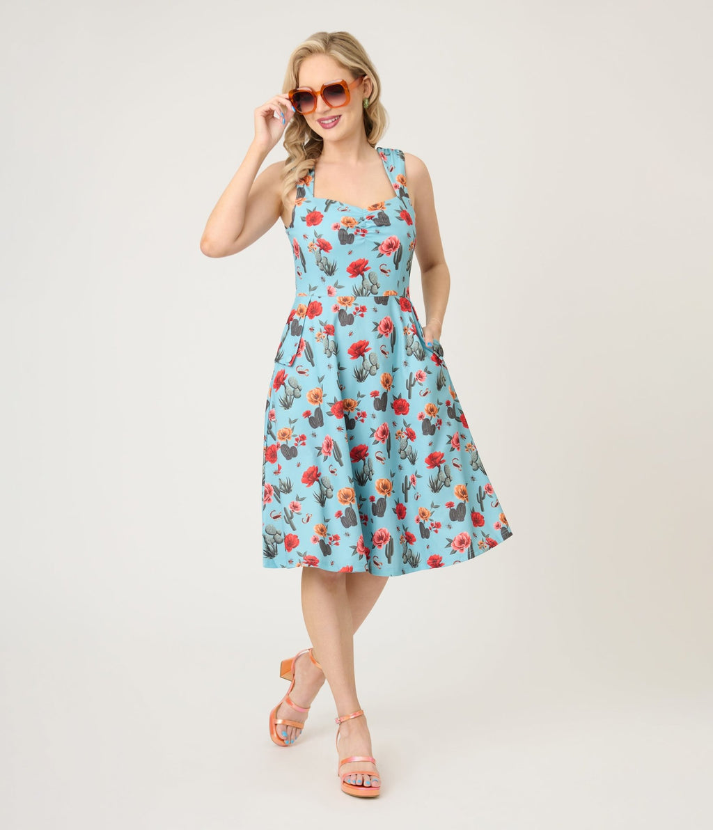 Voodoo Vixen Blue Desert Floral & Cactus Print Swing Dress - Unique Vintage - Womens, DRESSES, SWING