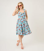 Voodoo Vixen Blue Desert Floral & Cactus Print Swing Dress - Unique Vintage - Womens, DRESSES, SWING