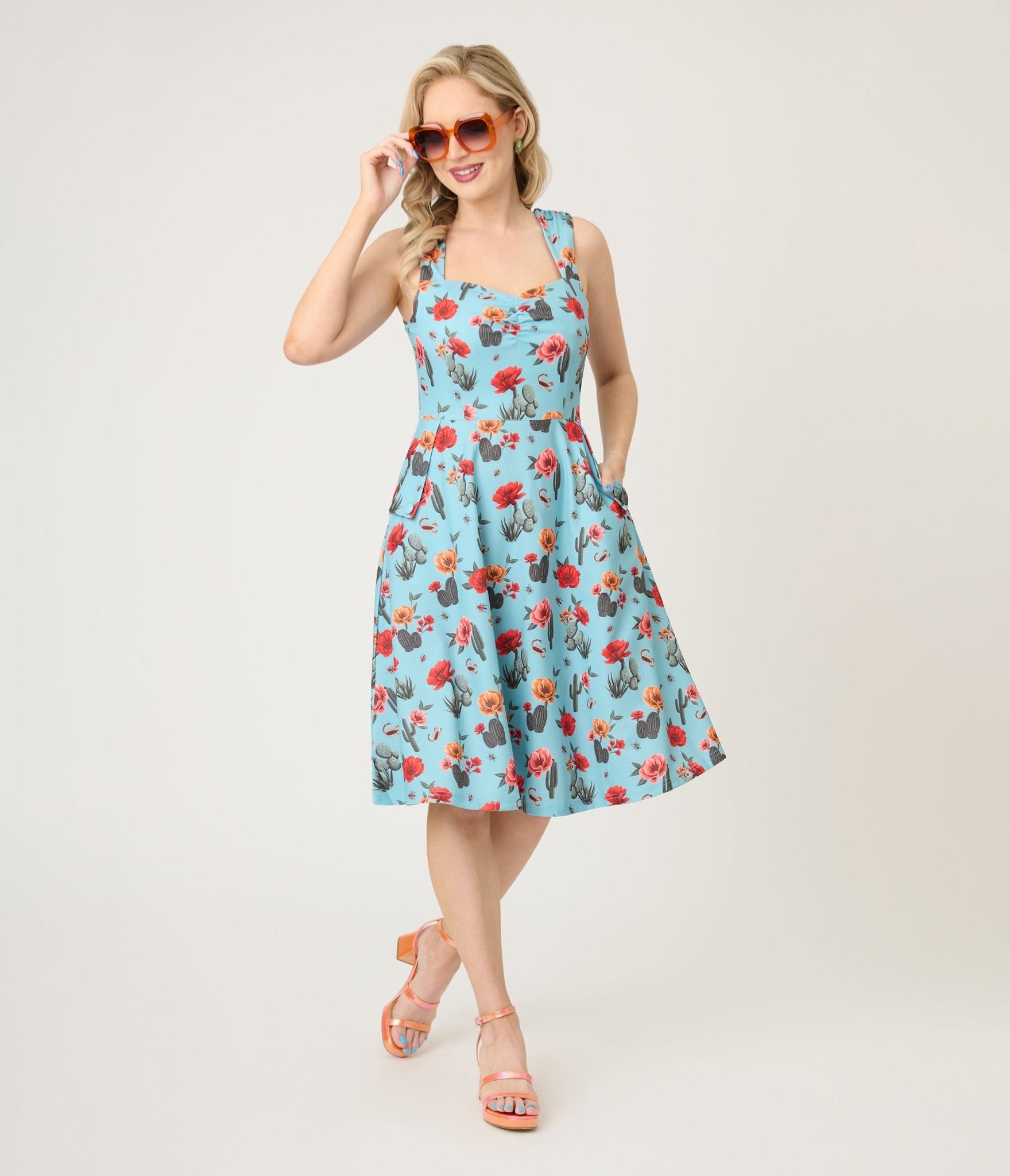 Voodoo Vixen Blue Desert Floral & Cactus Print Swing Dress - Unique Vintage - Womens, DRESSES, SWING