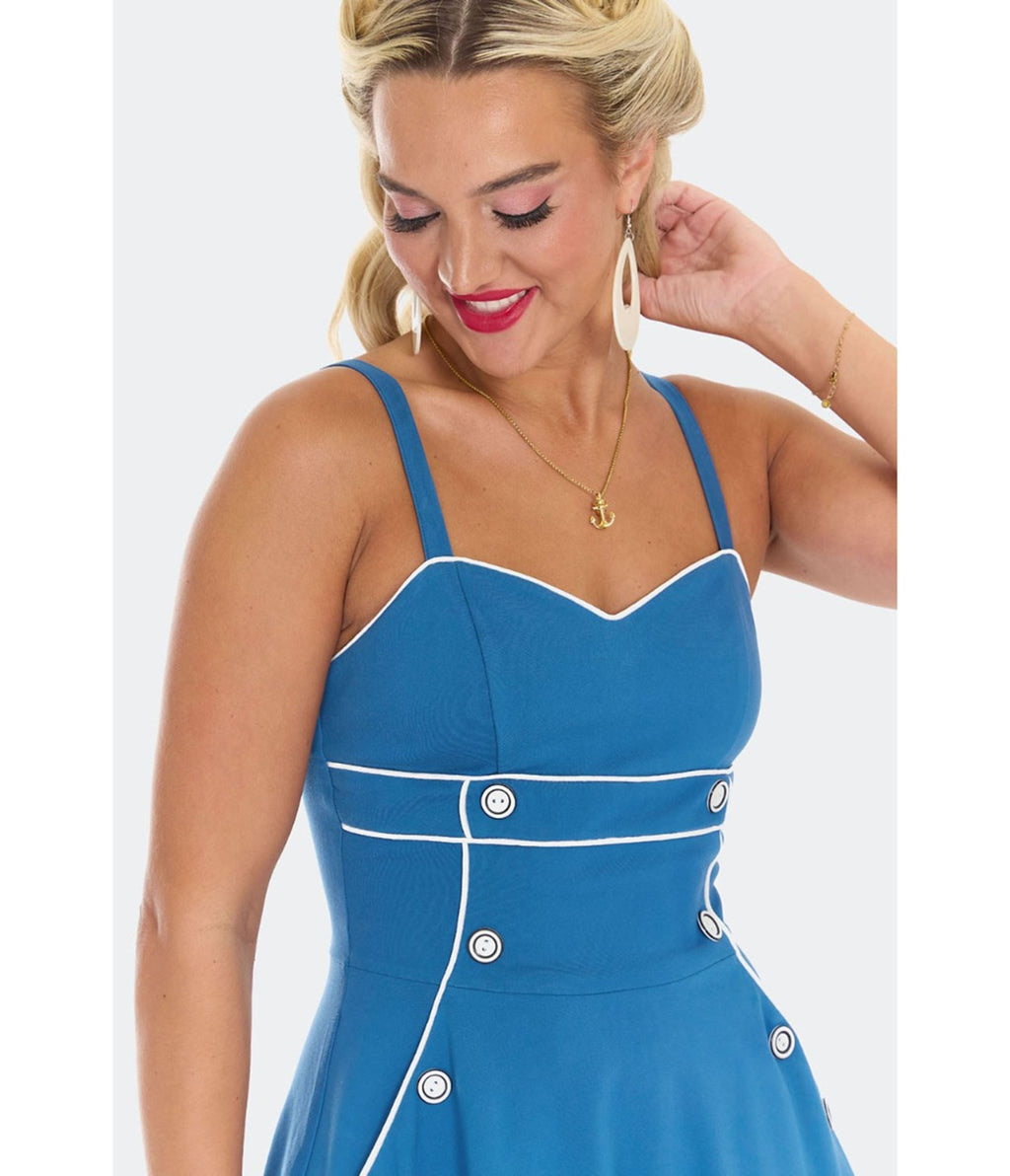 Voodoo Vixen Blue Nautical Button Flare Dress - Unique Vintage - Womens, DRESSES, FIT AND FLARE