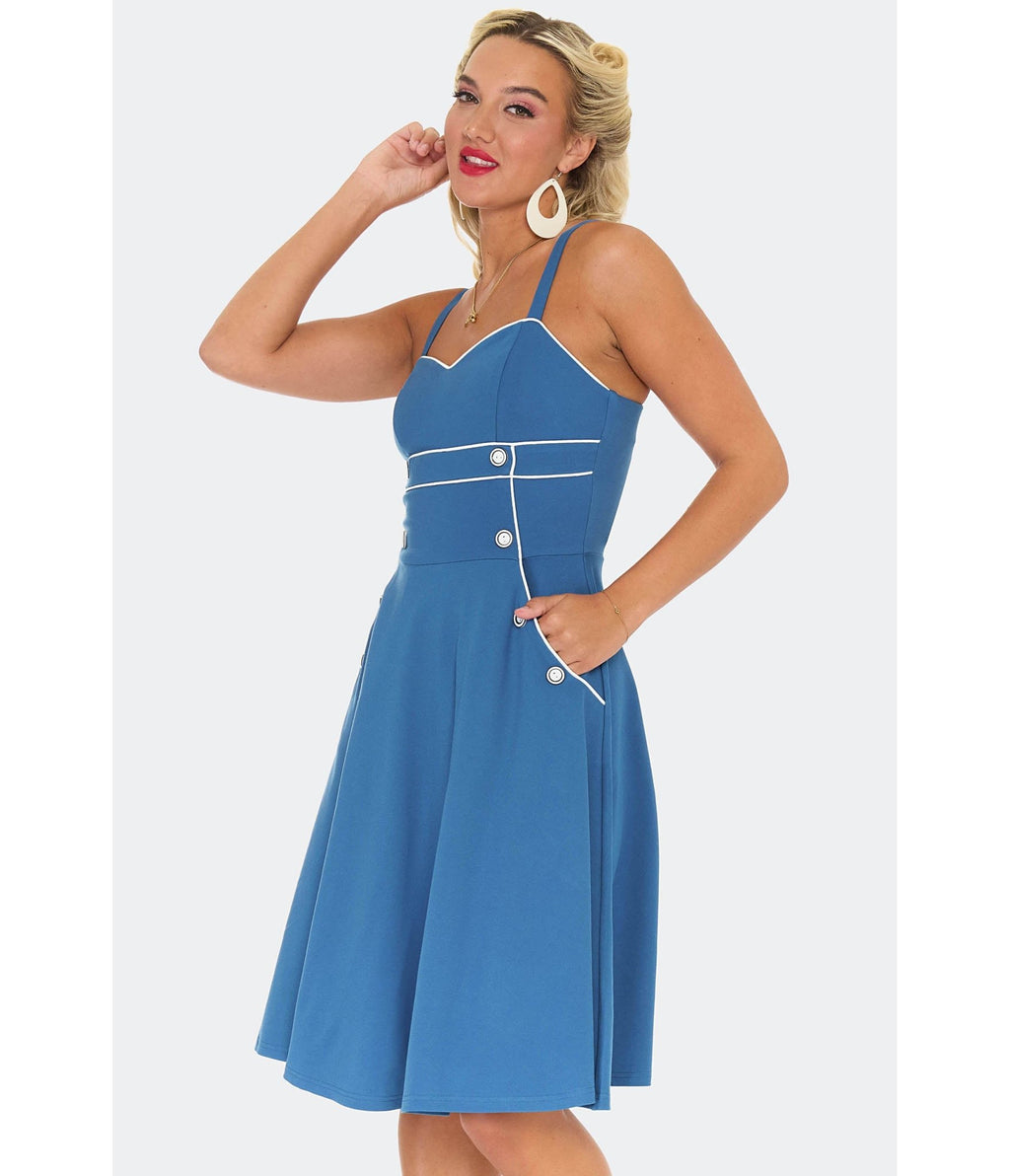 Voodoo Vixen Blue Nautical Button Flare Dress - Unique Vintage - Womens, DRESSES, FIT AND FLARE
