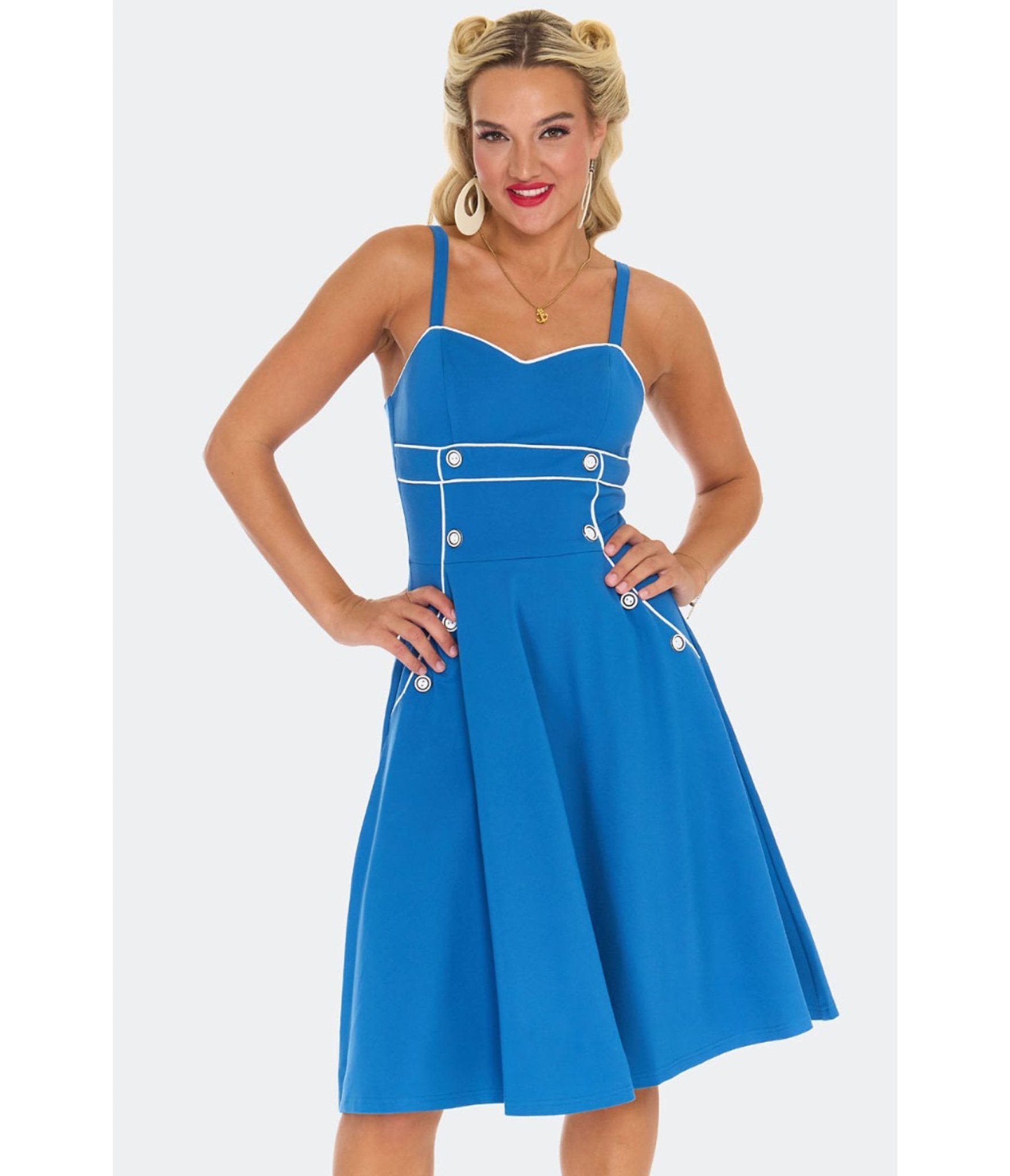 Voodoo Vixen Blue Nautical Button Flare Dress - Unique Vintage - Womens, DRESSES, FIT AND FLARE