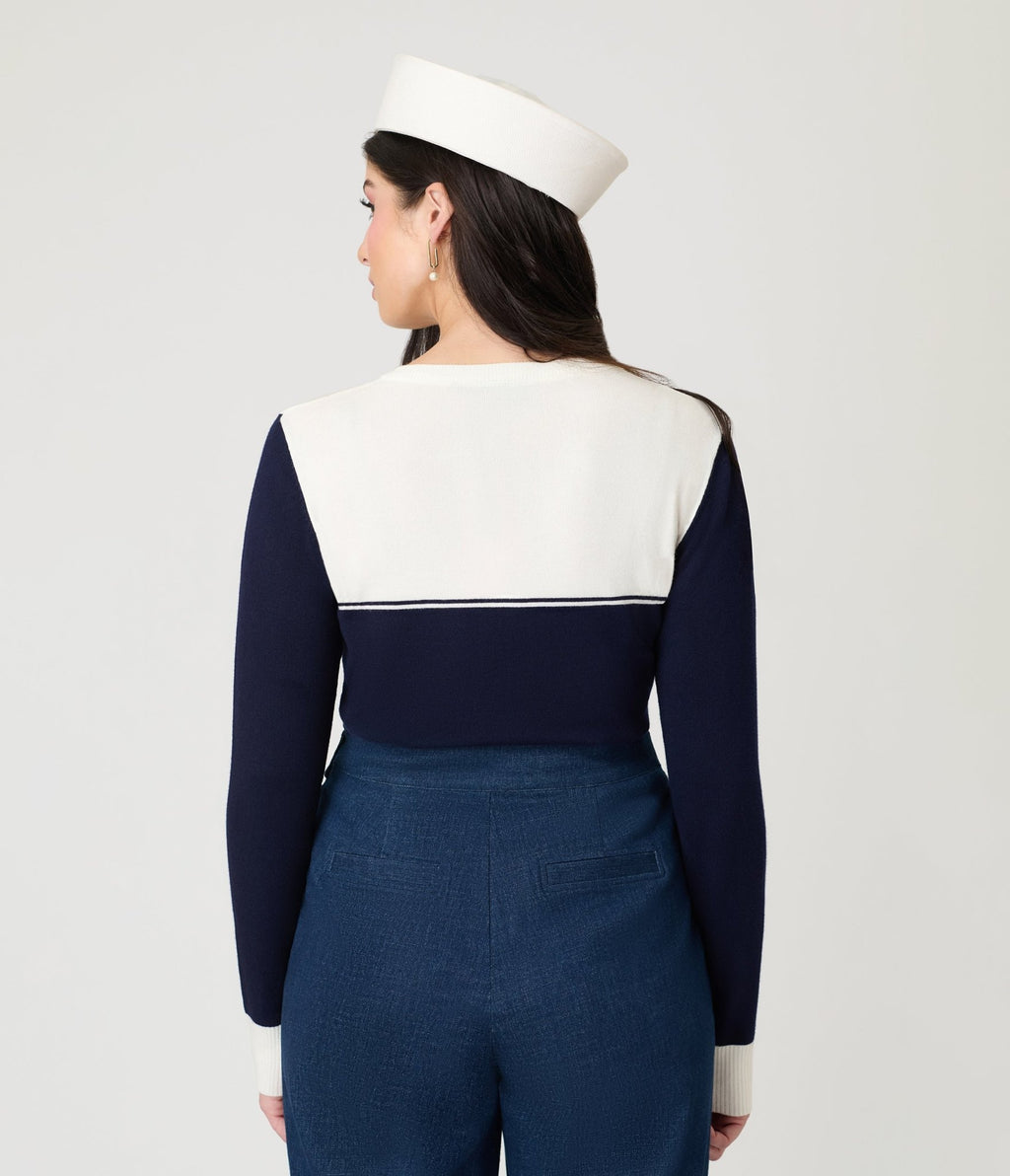 Voodoo Vixen Blue Nautical Wave Embroidery Cardigan - Unique Vintage - Womens, TOPS, SWEATERS