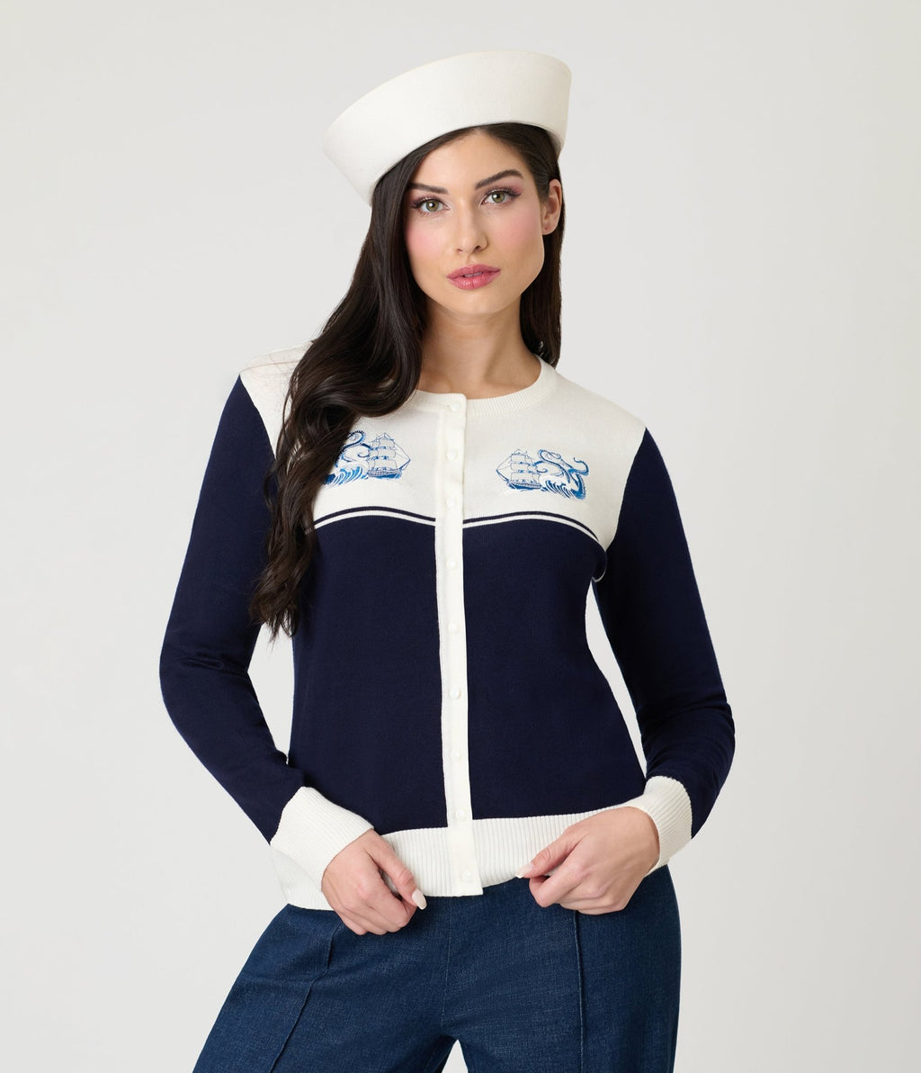 Voodoo Vixen Blue Nautical Wave Embroidery Cardigan - Unique Vintage - Womens, TOPS, SWEATERS