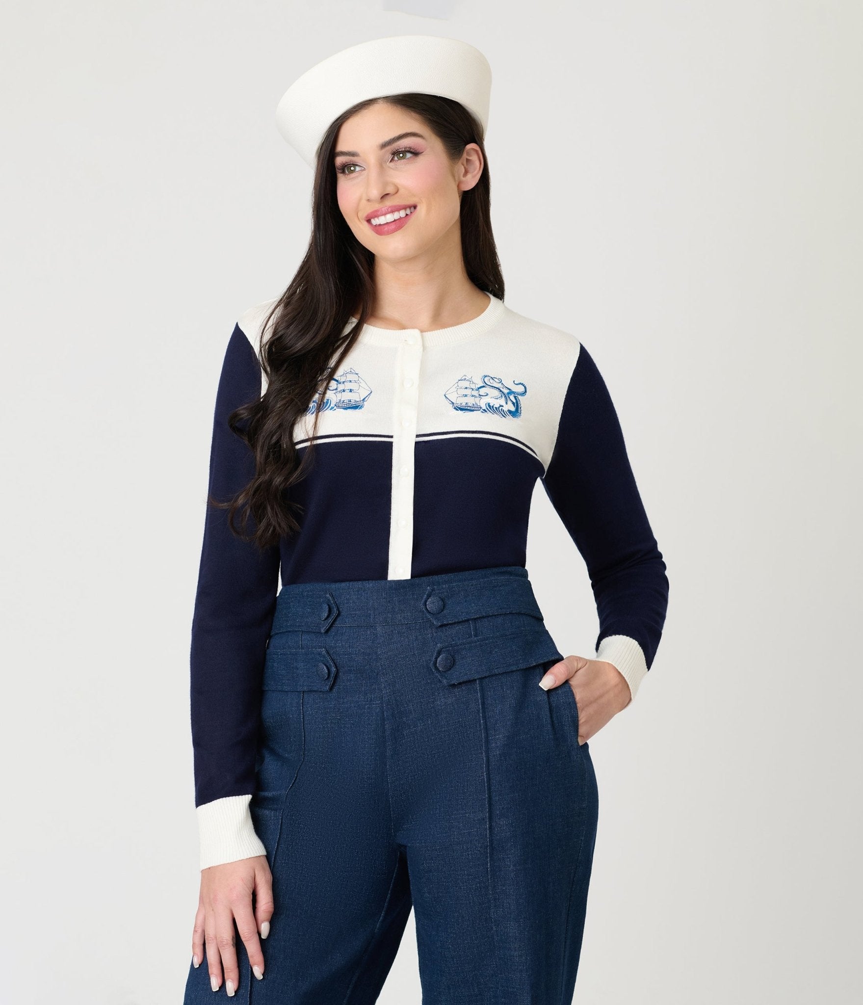 Voodoo Vixen Blue Nautical Wave Embroidery Cardigan - Unique Vintage - Womens, TOPS, SWEATERS