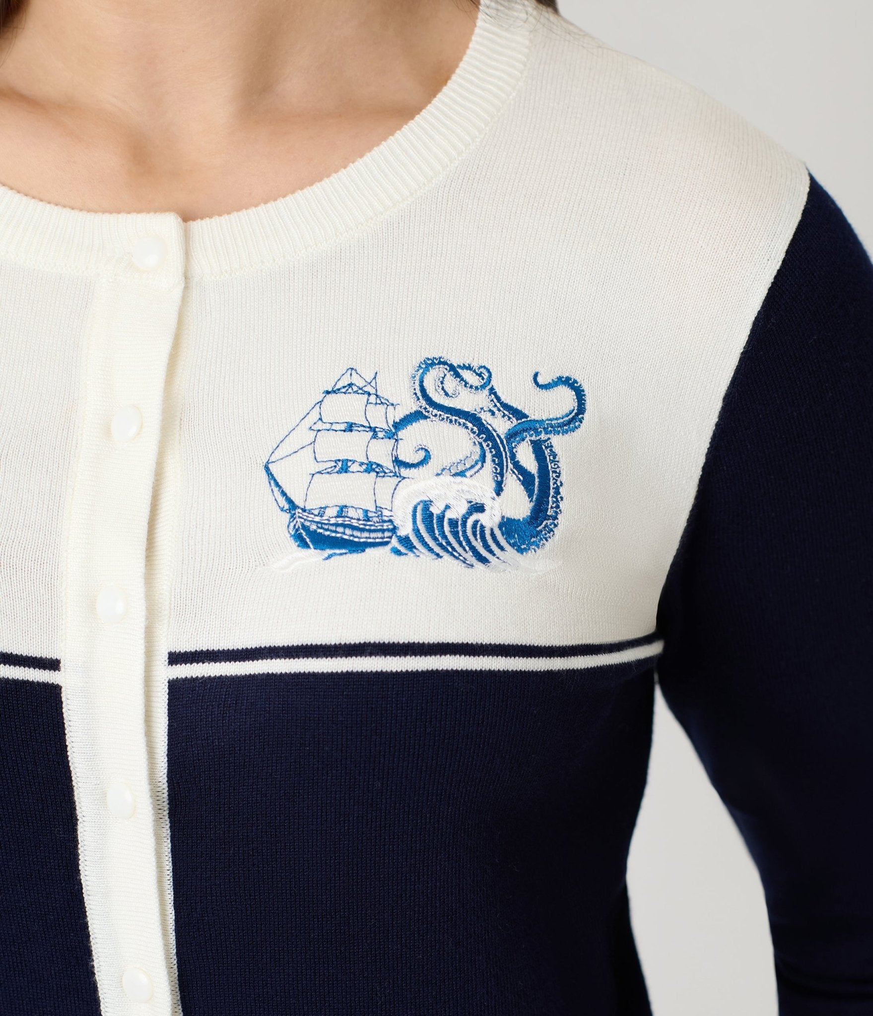 Voodoo Vixen Blue Nautical Wave Embroidery Cardigan - Unique Vintage - Womens, TOPS, SWEATERS