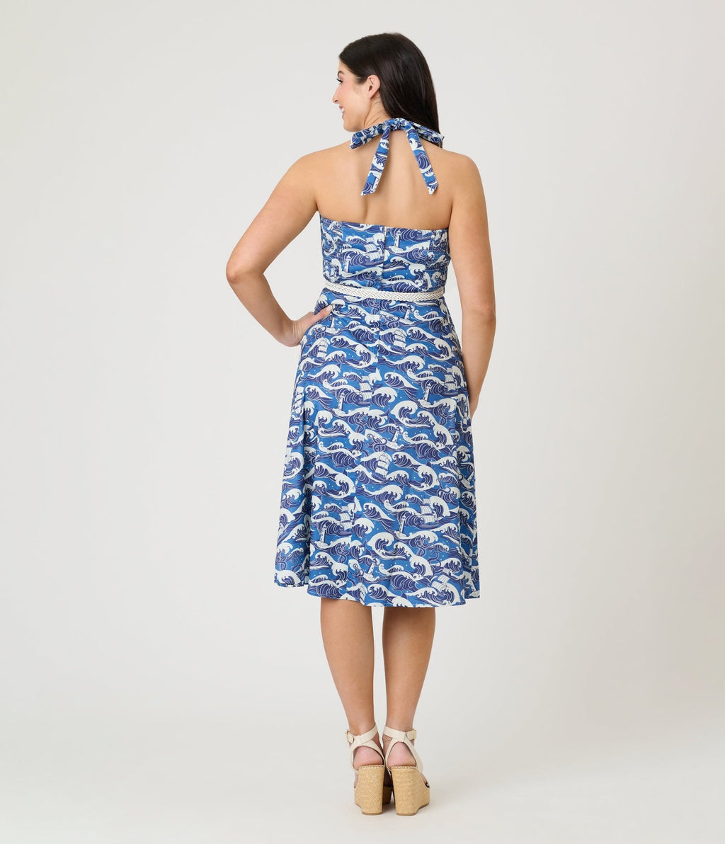 Voodoo Vixen Blue Nautical Wave Print Halter Fit & Flare Dress - Unique Vintage - Womens, DRESSES, FIT AND FLARE