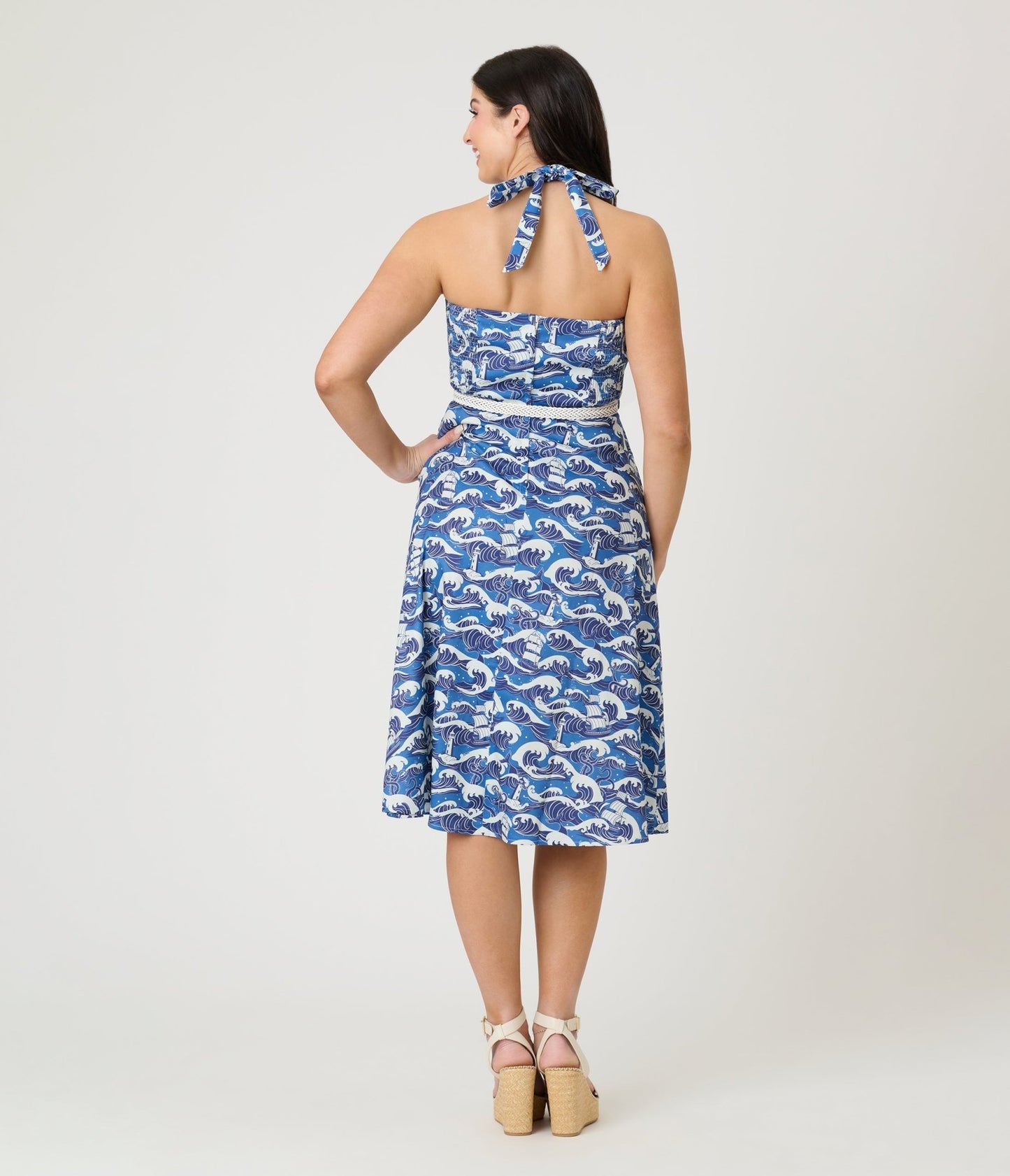 Voodoo Vixen Blue Nautical Wave Print Halter Fit & Flare Dress - Unique Vintage - Womens, DRESSES, FIT AND FLARE