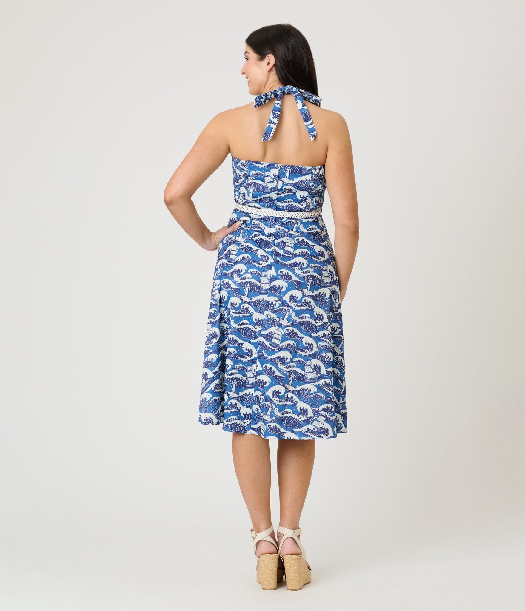 Voodoo Vixen Blue Nautical Wave Print Halter Fit & Flare Dress - Unique Vintage - Womens, DRESSES, FIT AND FLARE