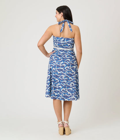 Voodoo Vixen Blue Nautical Wave Print Halter Fit & Flare Dress - Unique Vintage - Womens, DRESSES, FIT AND FLARE