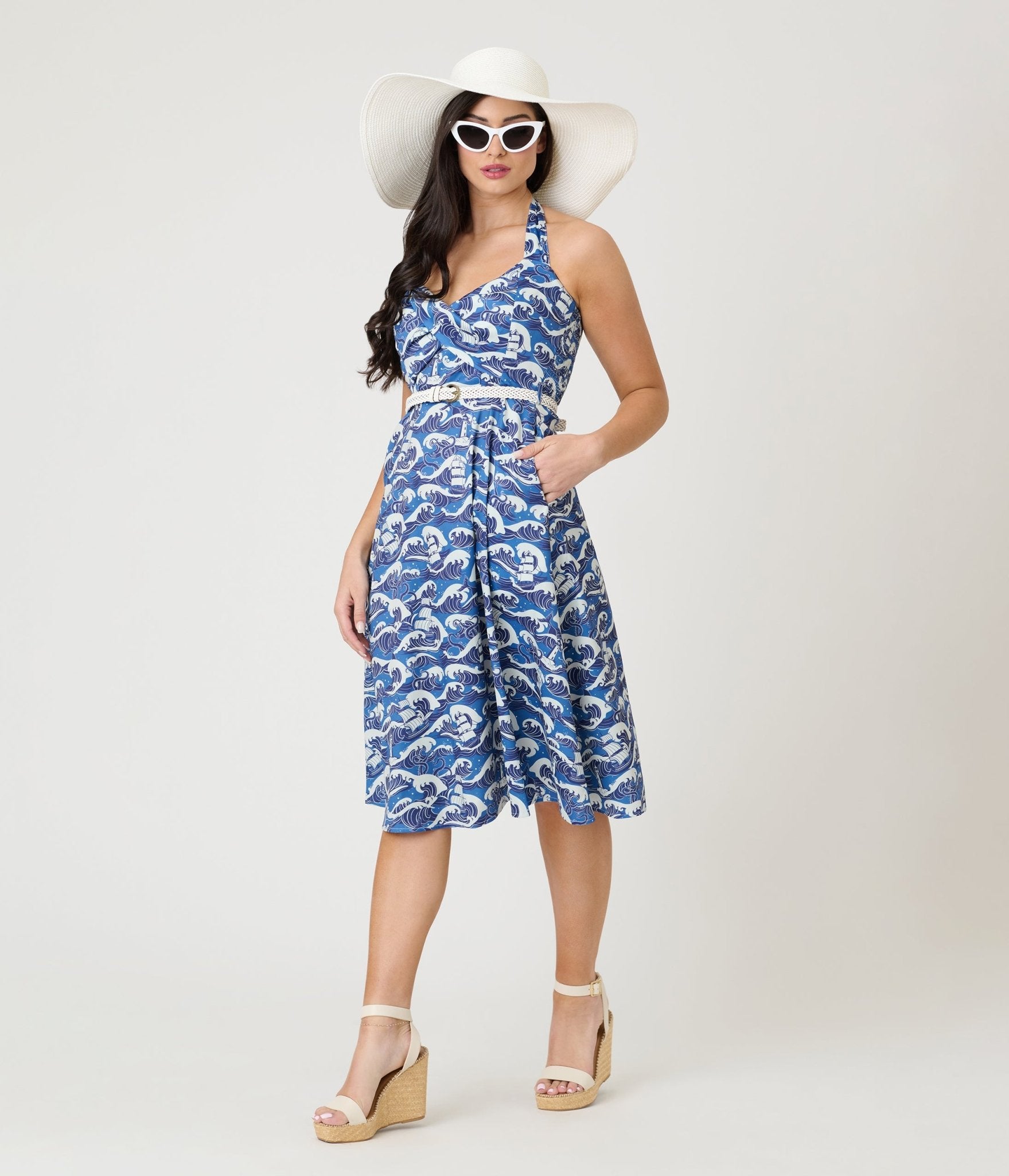 Voodoo Vixen Blue Nautical Wave Print Halter Fit & Flare Dress - Unique Vintage - Womens, DRESSES, FIT AND FLARE