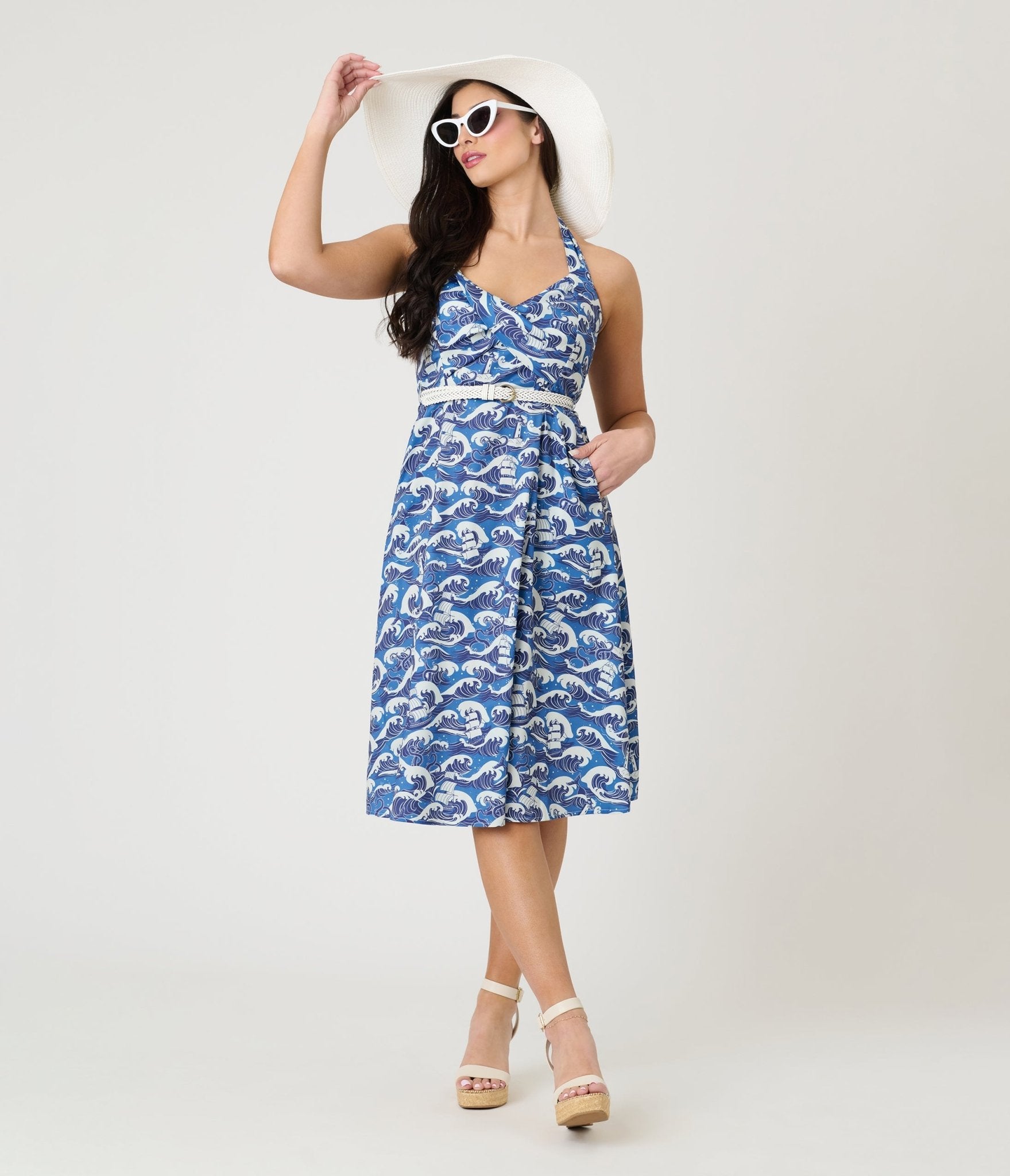 Voodoo Vixen Blue Nautical Wave Print Halter Fit & Flare Dress - Unique Vintage - Womens, DRESSES, FIT AND FLARE