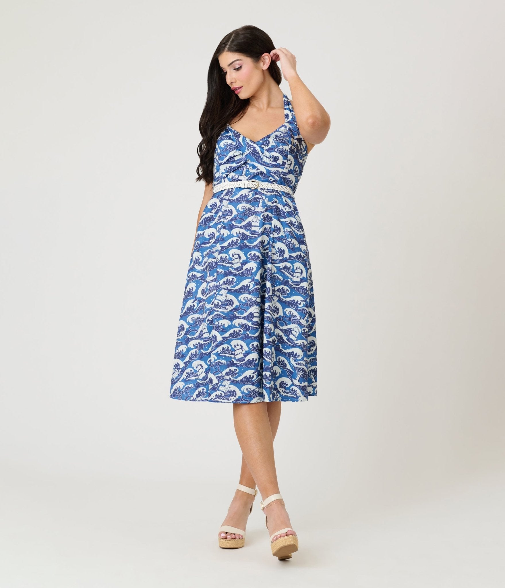 Voodoo Vixen Blue Nautical Wave Print Halter Fit & Flare Dress - Unique Vintage - Womens, DRESSES, FIT AND FLARE