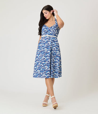 Voodoo Vixen Blue Nautical Wave Print Halter Fit & Flare Dress - Unique Vintage - Womens, DRESSES, FIT AND FLARE