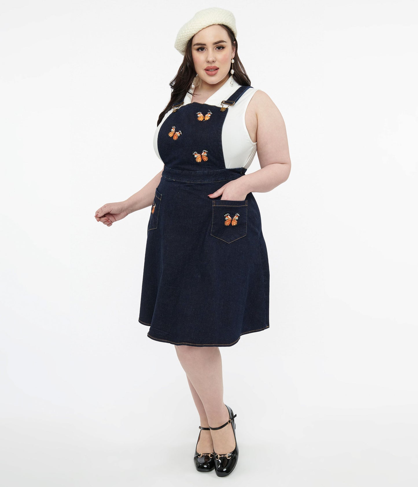 Voodoo Vixen Butterfly Denim Pinafore Skirt - Unique Vintage - Womens, BOTTOMS, SKIRTS