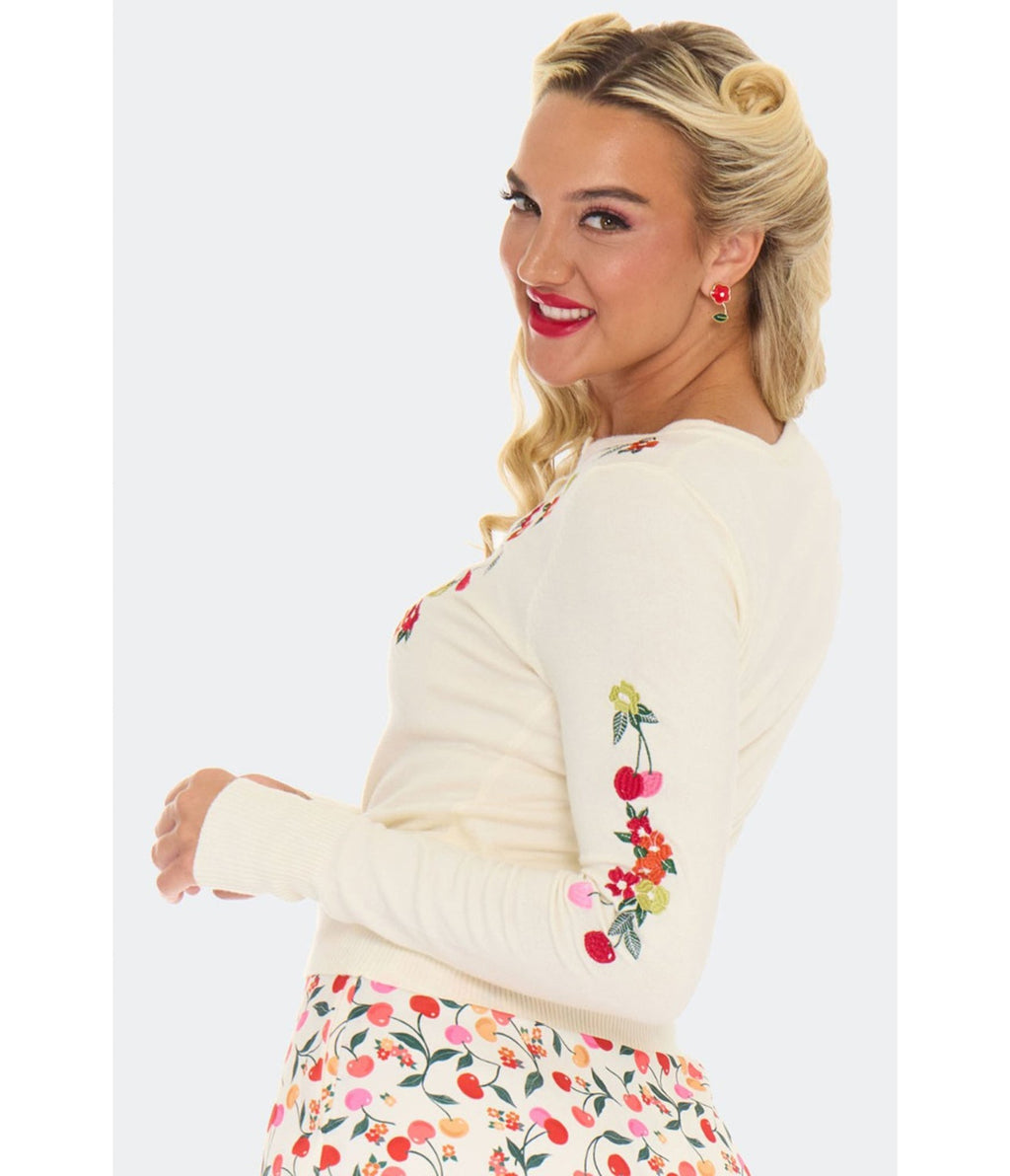 Voodoo Vixen Cream Cherry Floral Cardigan - Unique Vintage - Womens, TOPS, SWEATERS