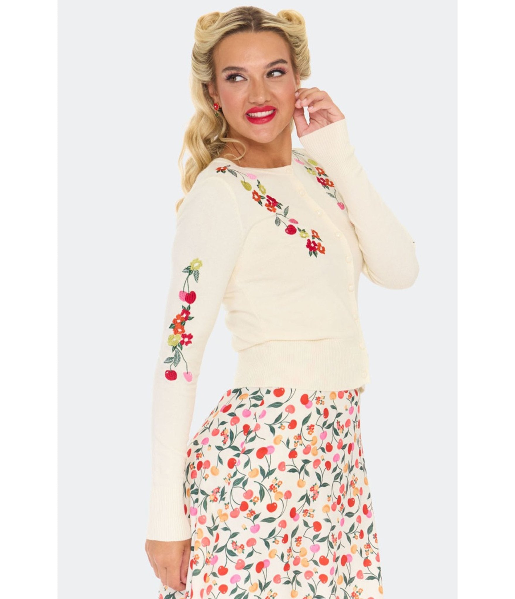 Voodoo Vixen Cream Cherry Floral Cardigan - Unique Vintage - Womens, TOPS, SWEATERS