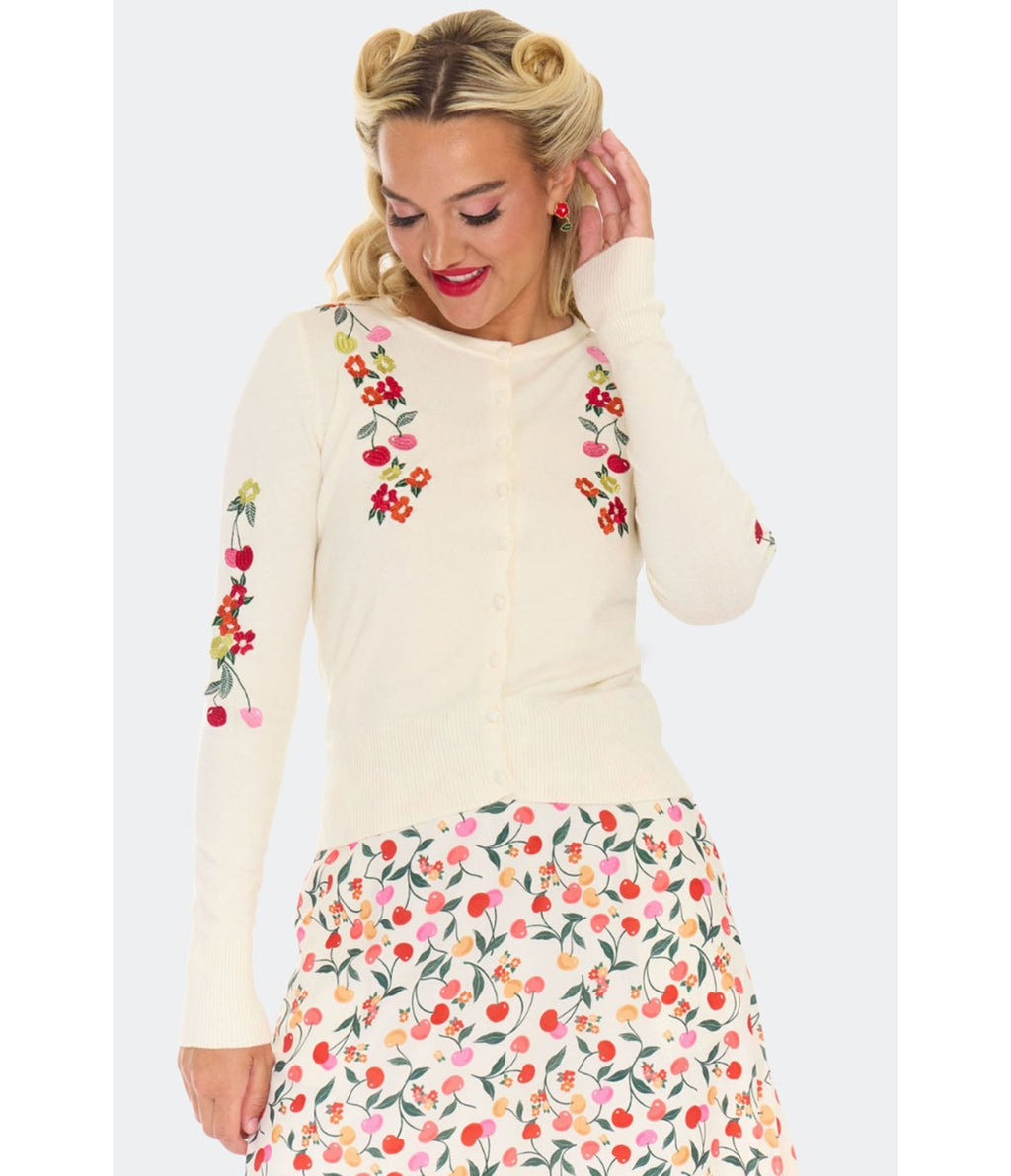 Voodoo Vixen Cream Cherry Floral Cardigan - Unique Vintage - Womens, TOPS, SWEATERS
