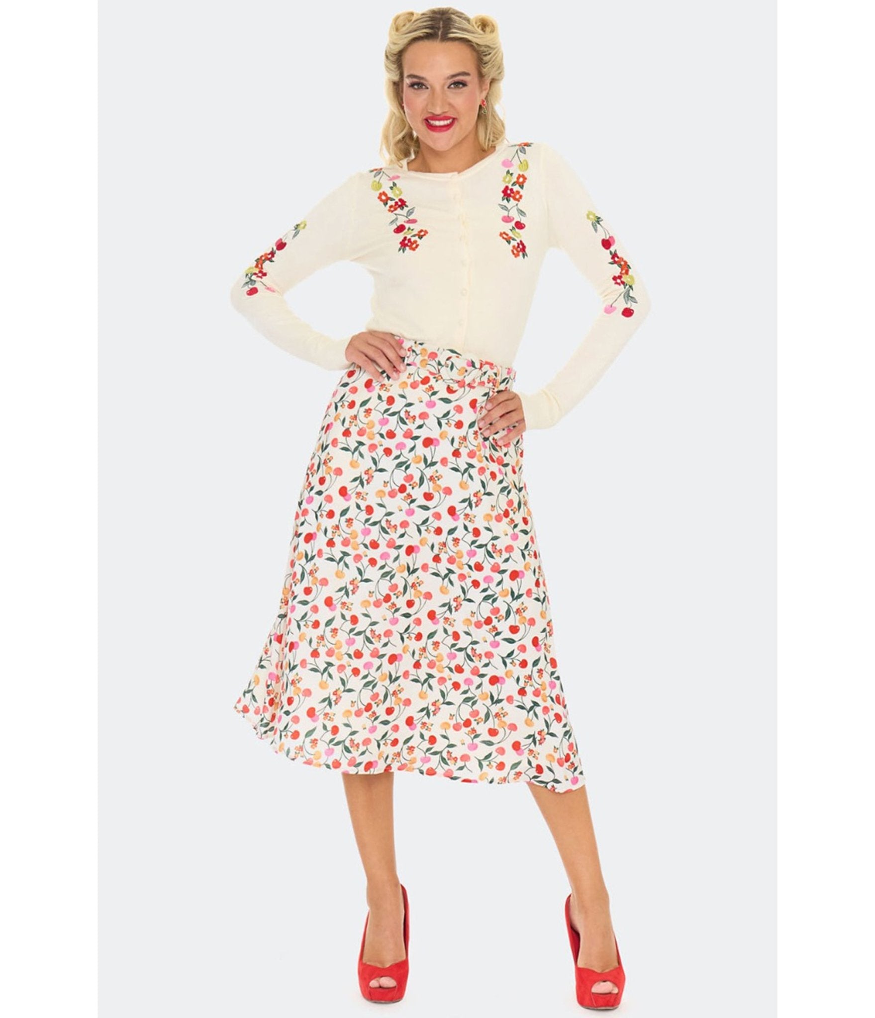 Voodoo Vixen Cream Cherry Floral Cardigan - Unique Vintage - Womens, TOPS, SWEATERS
