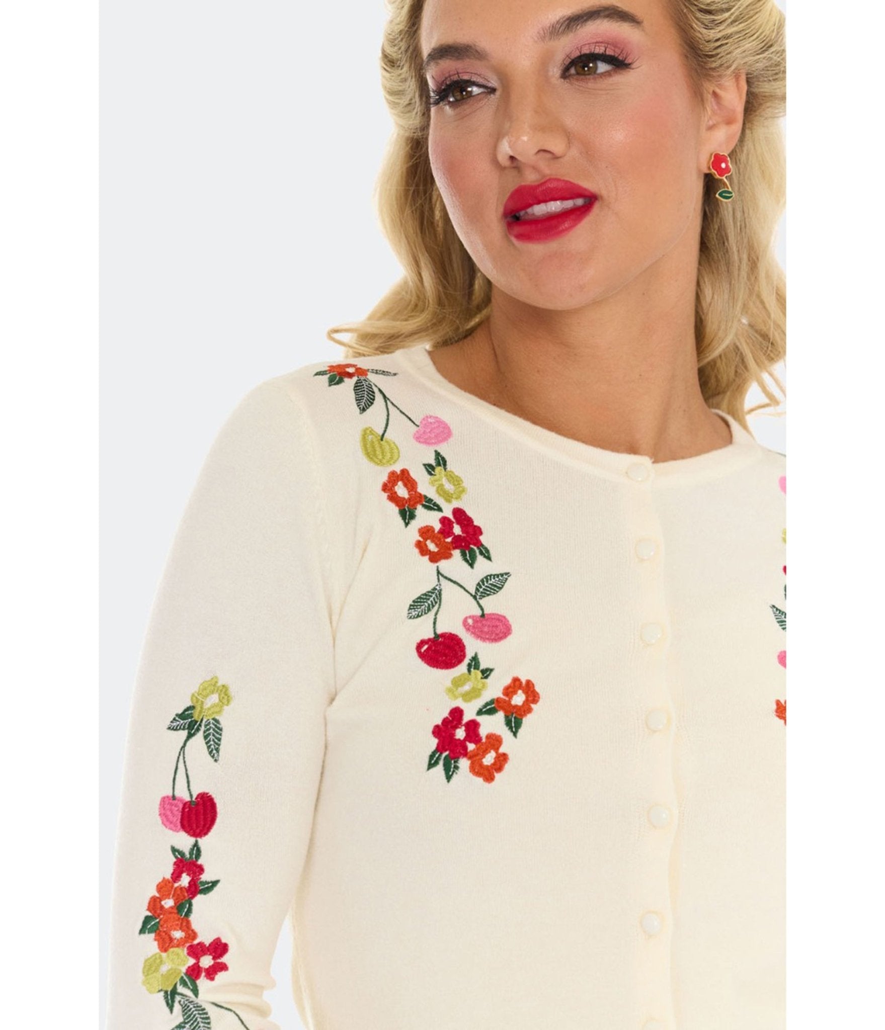 Voodoo Vixen Cream Cherry Floral Cardigan - Unique Vintage - Womens, TOPS, SWEATERS