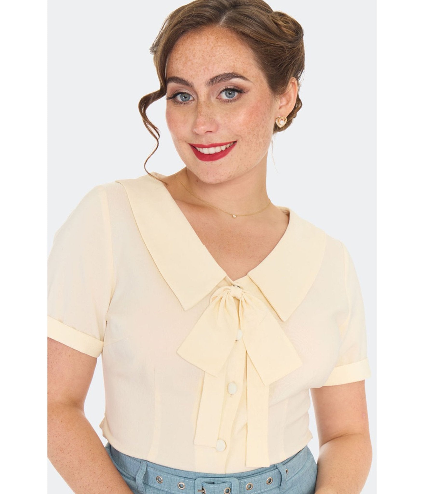 Voodoo Vixen Cream Short Sleeve Bow Blouse - Unique Vintage - Womens, TOPS, SHIRTS