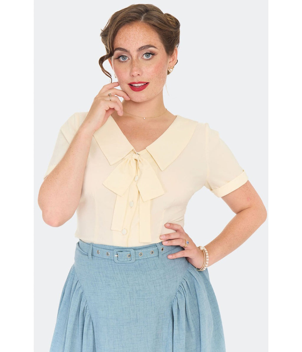 Voodoo Vixen Cream Short Sleeve Bow Blouse - Unique Vintage - Womens, TOPS, SHIRTS