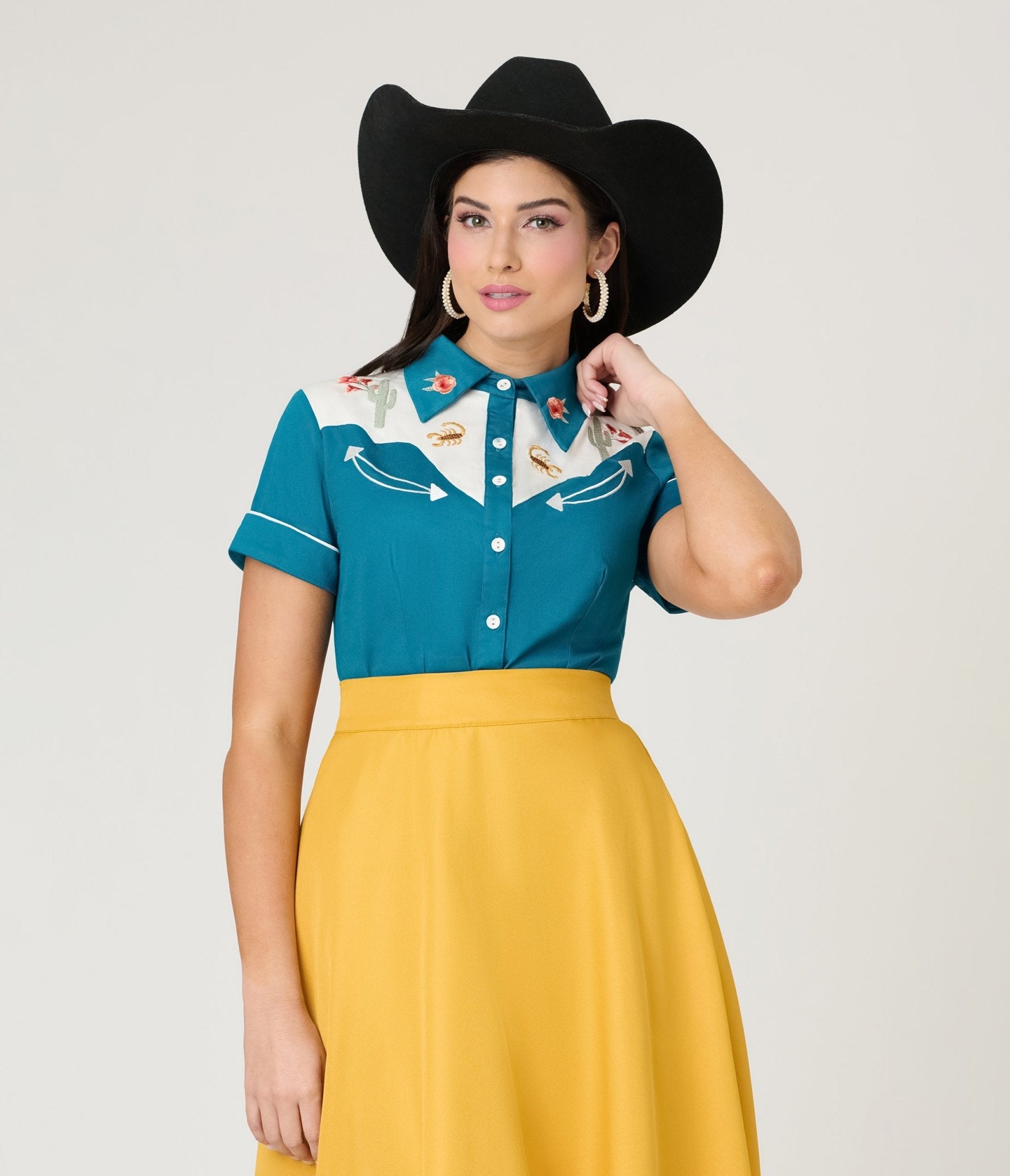 Voodoo Vixen Dark Teal Cactus Floral Western Cotton Blouse - Unique Vintage - Womens, TOPS, SHIRTS