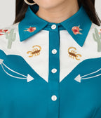 Voodoo Vixen Dark Teal Cactus Floral Western Cotton Blouse - Unique Vintage - Womens, TOPS, SHIRTS