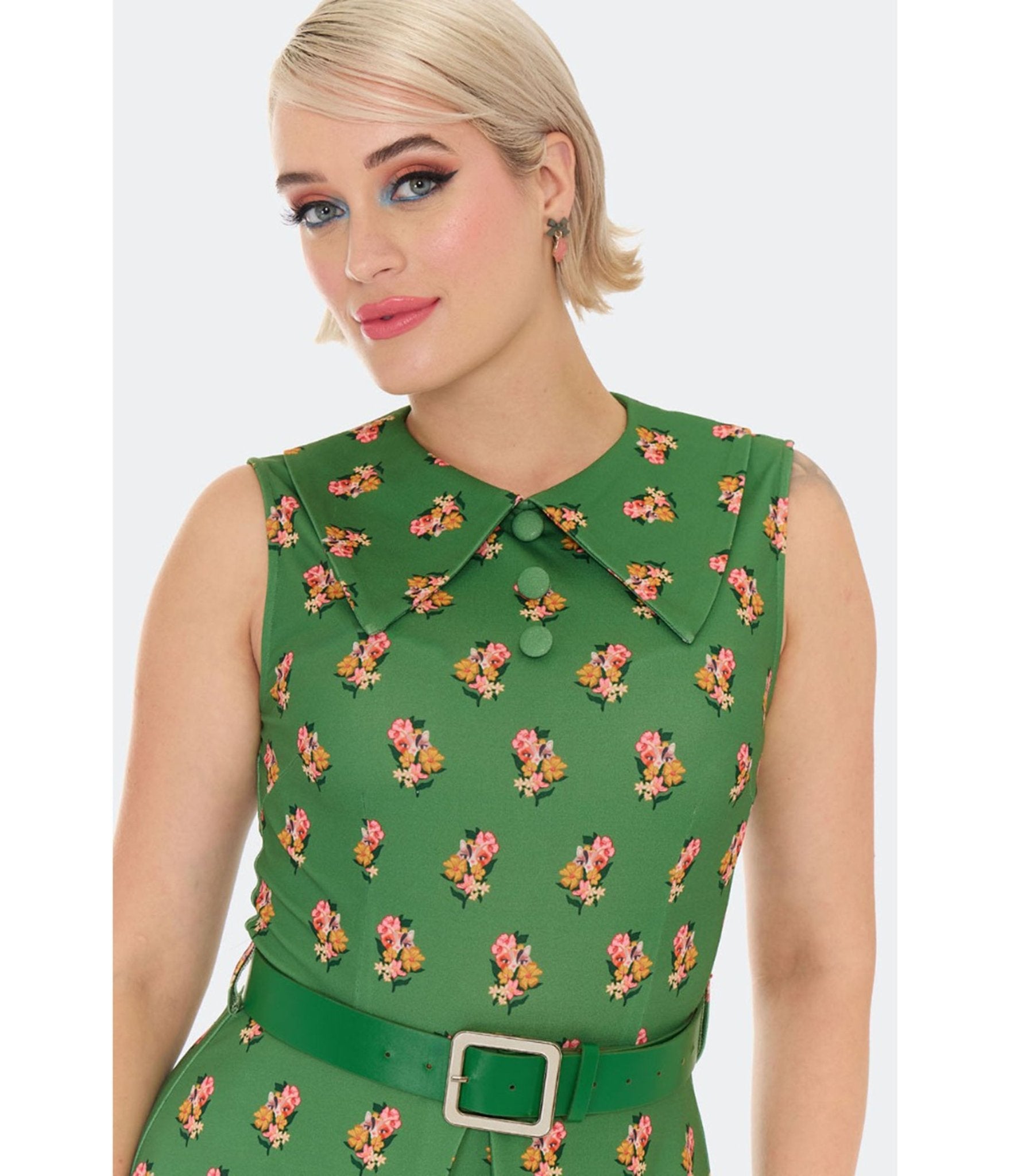 Voodoo Vixen Green Cat Floral Print Flare Dress - Unique Vintage - Womens, DRESSES, FIT AND FLARE