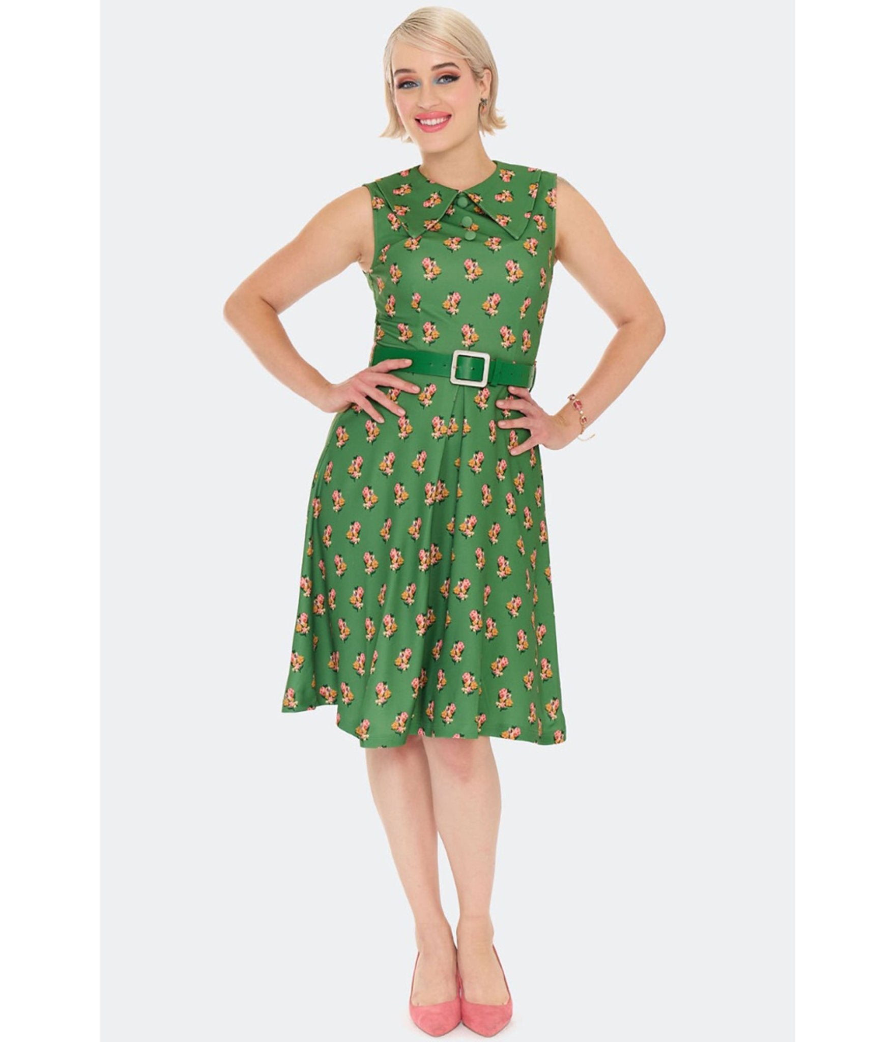 Voodoo Vixen Green Cat Floral Print Flare Dress - Unique Vintage - Womens, DRESSES, FIT AND FLARE