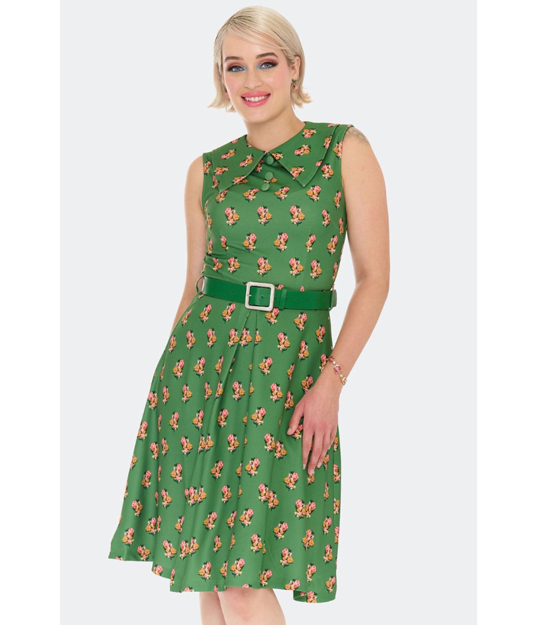 Voodoo Vixen Green Cat Floral Print Flare Dress - Unique Vintage - Womens, DRESSES, FIT AND FLARE